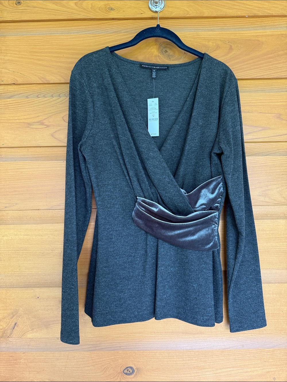 White House Black Market Charcoal Gray Wrap Blouse with Satin Accent - Picture 3 of 5
